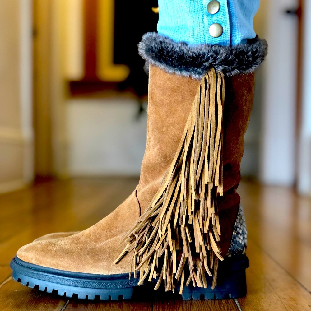 🔥SAM EDELMAN TILDEN SUEDE WITH FRINGE , snake skin and faux fur 🔥
